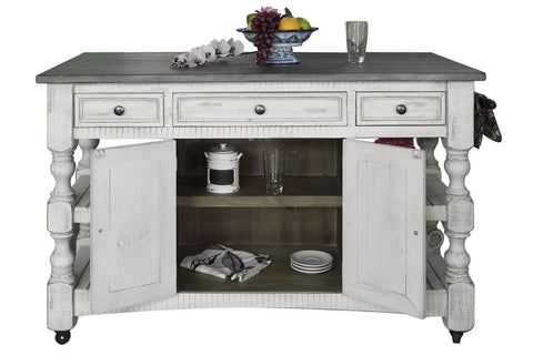 Stone - Kitchen Island With 3 Drawer / 2 Doors / 4 Shelves And Casters - Antiqued Ivory / Weathered Gray - Premium Islands & Carts from International Furniture Direct - Just $1492.50! Shop now at brett interiors