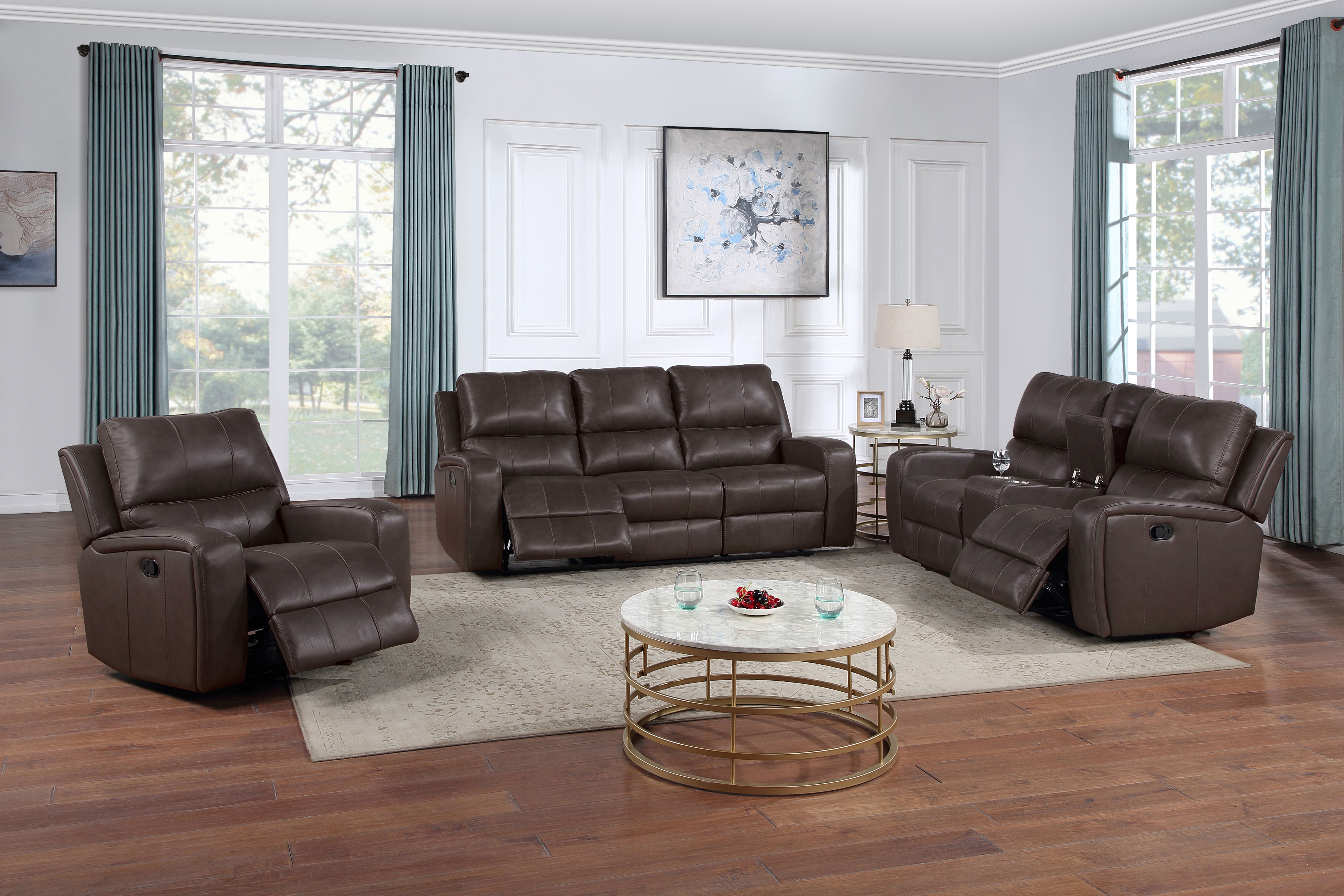 Linton - Leather Console Loveseat With Dual Recliners - Premium Reclining Loveseats from New Classic - Just $1372.50! Shop now at brett interiors