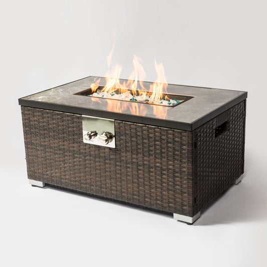 Outdoor Fire Table Propane Fire Pit Rattan Gas Fire Table, Gas Fire Table With Tile Tabletop - Brown - Premium Fire Pits from AS Outdoor Heating - Just $382! Shop now at brett interiors