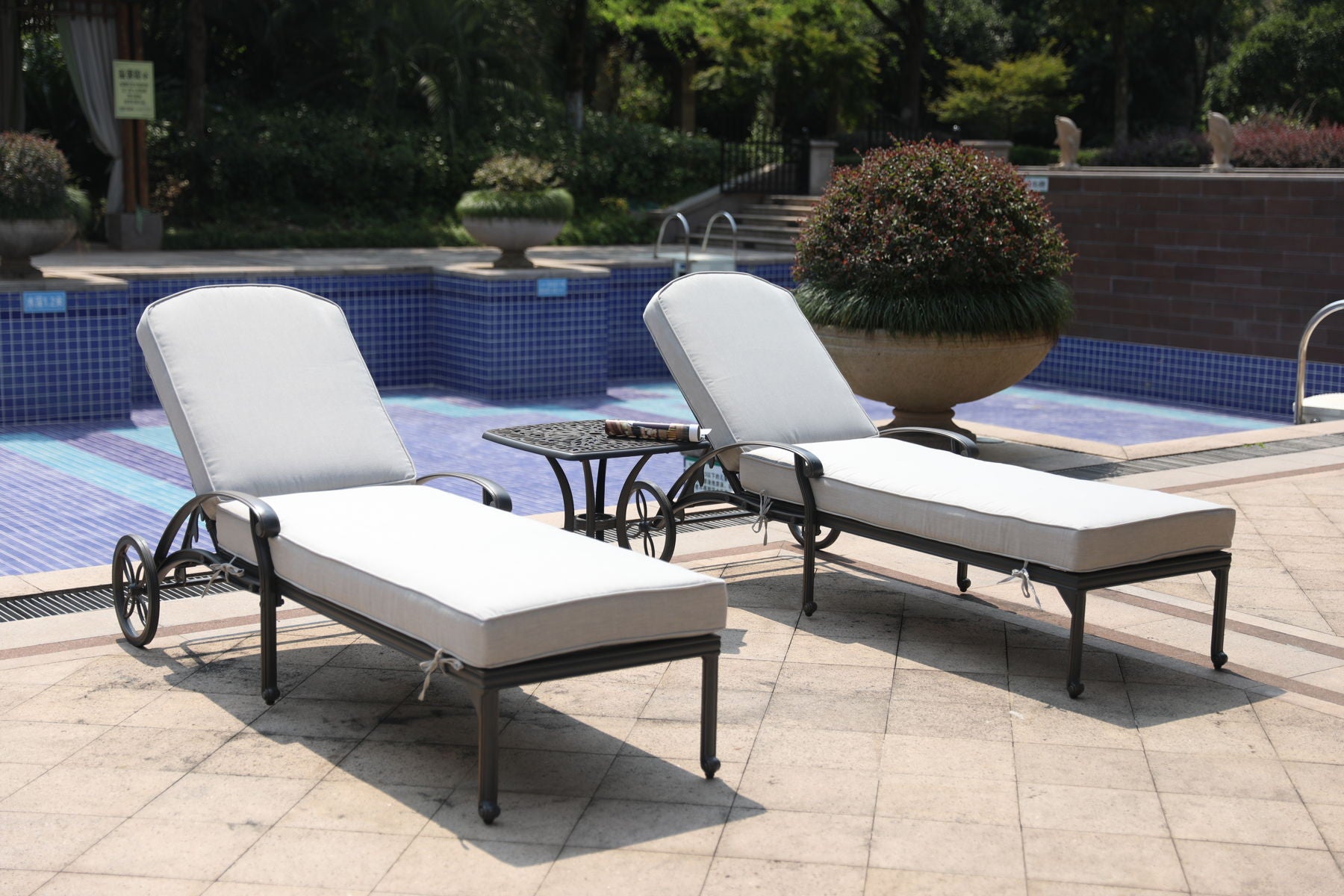 Reclining Chaise Lounge Set With Cushion And Table - Metal - Premium 3 Piece Outdoor Sets from Gather Craft - Just $1737! Shop now at brett interiors