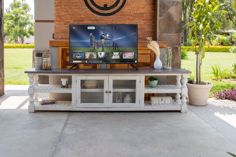 Stone - 93" TV Stand - Antiqued Ivory / Weathered Gray - Premium TV Stands from International Furniture Direct - Just $1150! Shop now at brett interiors