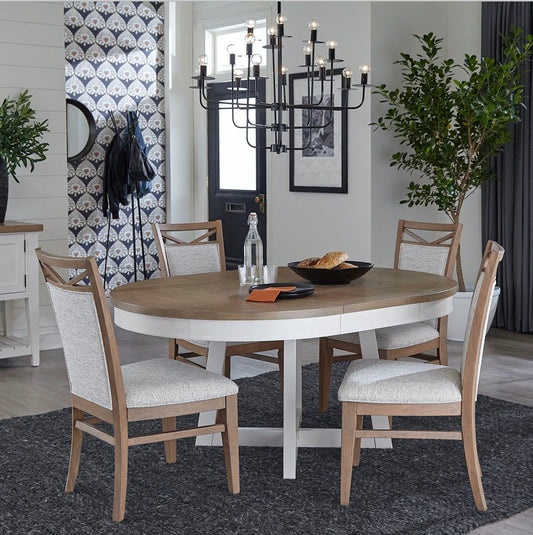 Americana Modern Dining - 48 In. Round Extendable Dining Table And 4 Upholstered Chairs - Light Brown - Premium 5 Piece Dining Room Sets from Parker House - Just $1322.50! Shop now at brett interiors