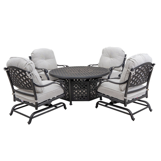 Stylish Outdoor 5 Piece Aluminum Dining Set With Cushion ( 4 Club Motion Chairs And A Round Fire Pit Table) - Sandstorm - Premium 5 Piece Outdoor Sets from Gather Craft - Just $4604! Shop now at brett interiors