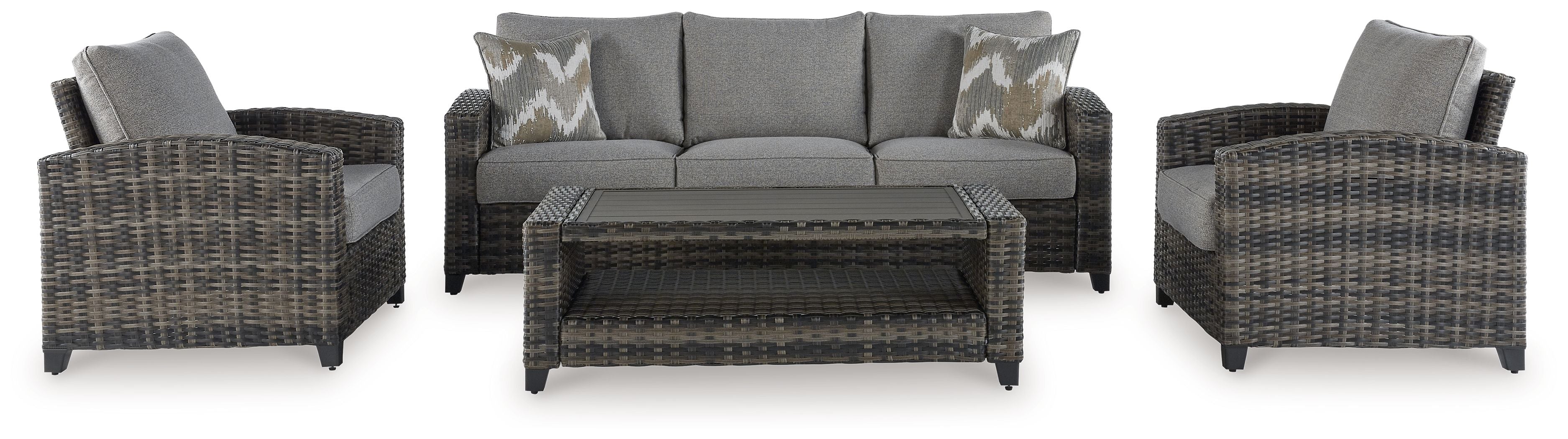 Oasis Court - Gray - Sofa, Chairs, Table Set (Set of 4) - Premium 4 Piece Outdoor Sets from Signature Design by Ashley® - Just $2141.88! Shop now at brett interiors