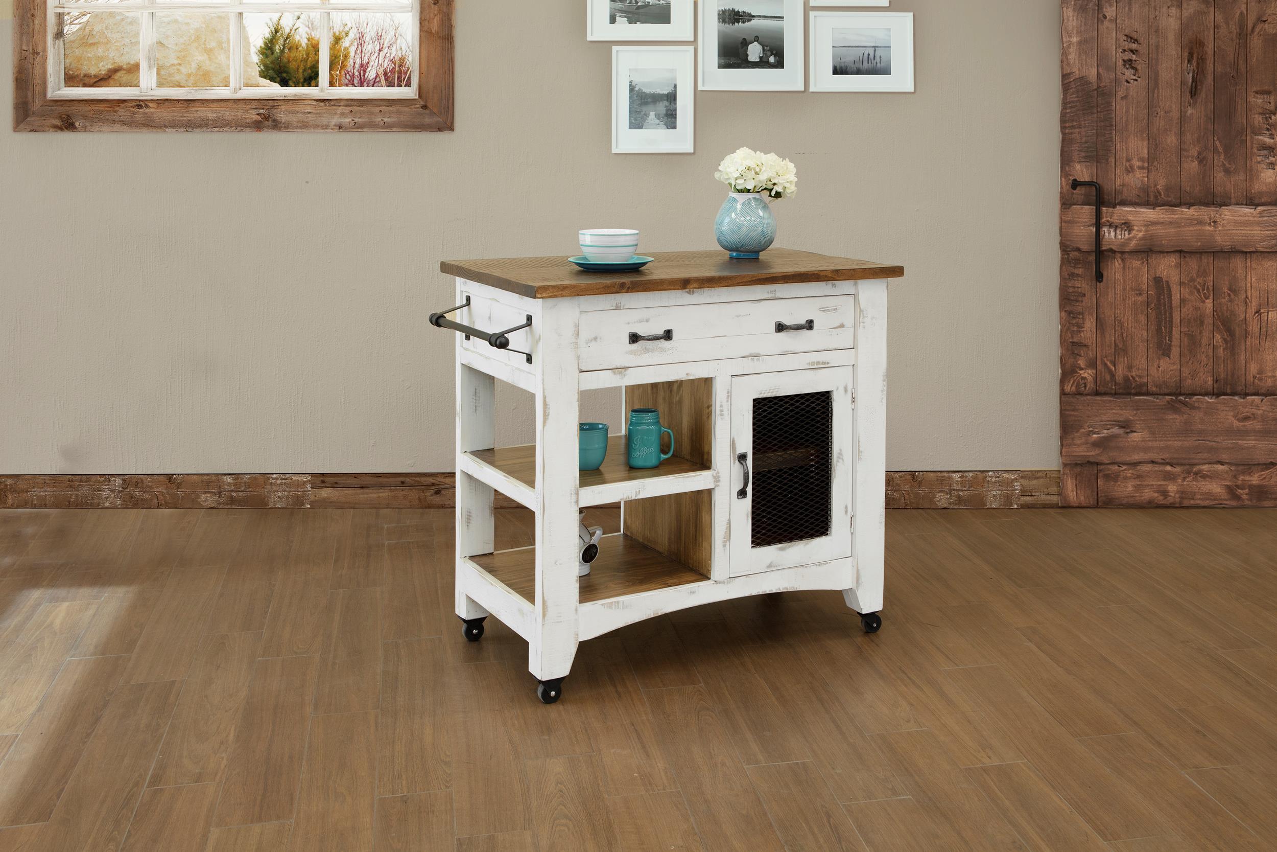 Pueblo White - Kitchen Island With 1 Drawer / 1 Mesh Door - Antiqued White / Brown - Premium Islands & Carts from International Furniture Direct - Just $965! Shop now at brett interiors