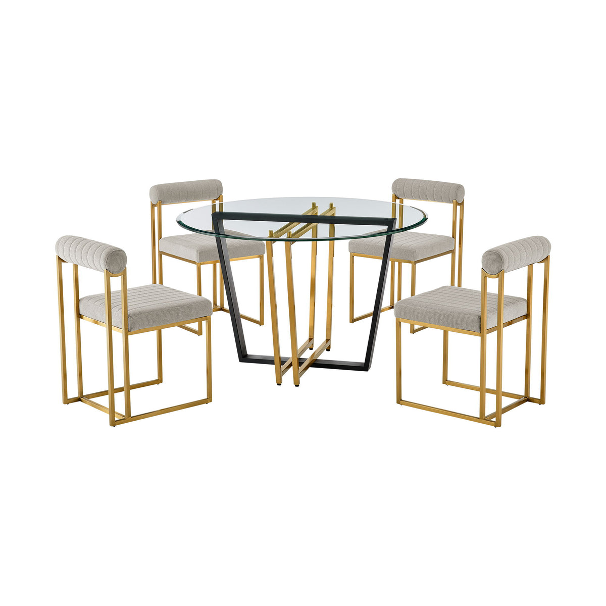 Devi Anastasia - 5 Piece Round Glass Dining Table Set - Gold Brushed / Taupe - Premium 5 Piece Dining Room Sets from Armen Living - Just $2967.50! Shop now at brett interiors