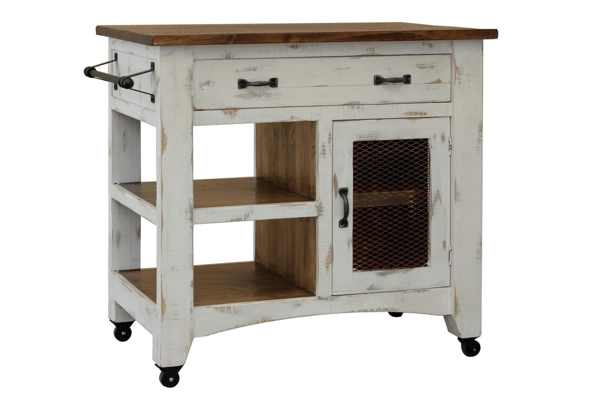 Pueblo White - Kitchen Island With 1 Drawer / 1 Mesh Door - Antiqued White / Brown - Premium Islands & Carts from International Furniture Direct - Just $965! Shop now at brett interiors