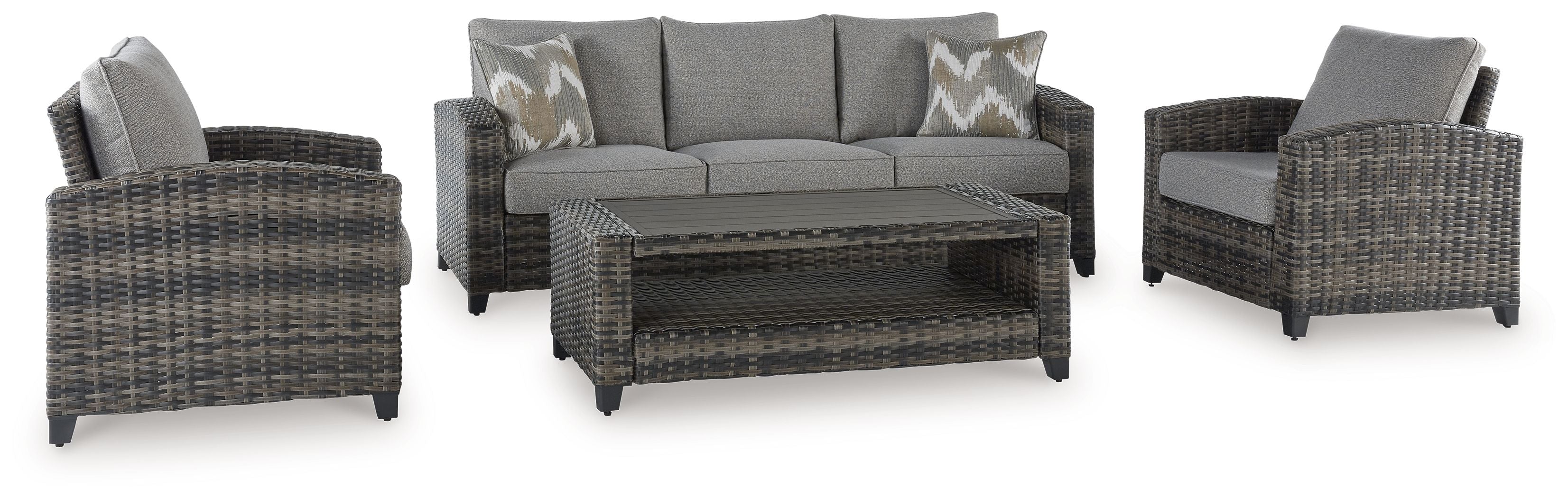 Oasis Court - Gray - Sofa, Chairs, Table Set (Set of 4) - Premium 4 Piece Outdoor Sets from Signature Design by Ashley® - Just $2141.88! Shop now at brett interiors