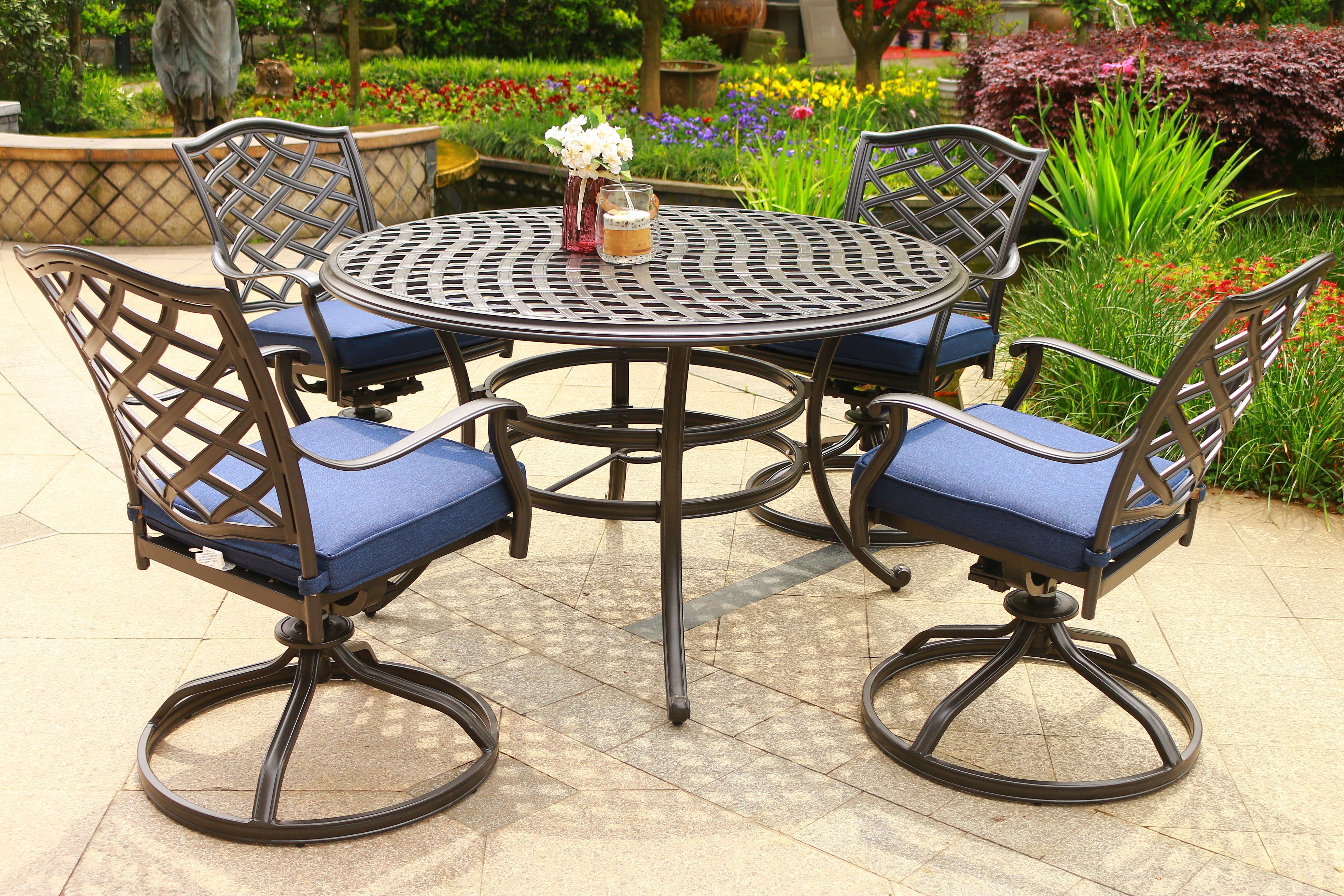 Round 49" Long Aluminum Dining Set With Cushions - Premium 5 Piece Outdoor Sets from Gather Craft - Just $1820! Shop now at brett interiors