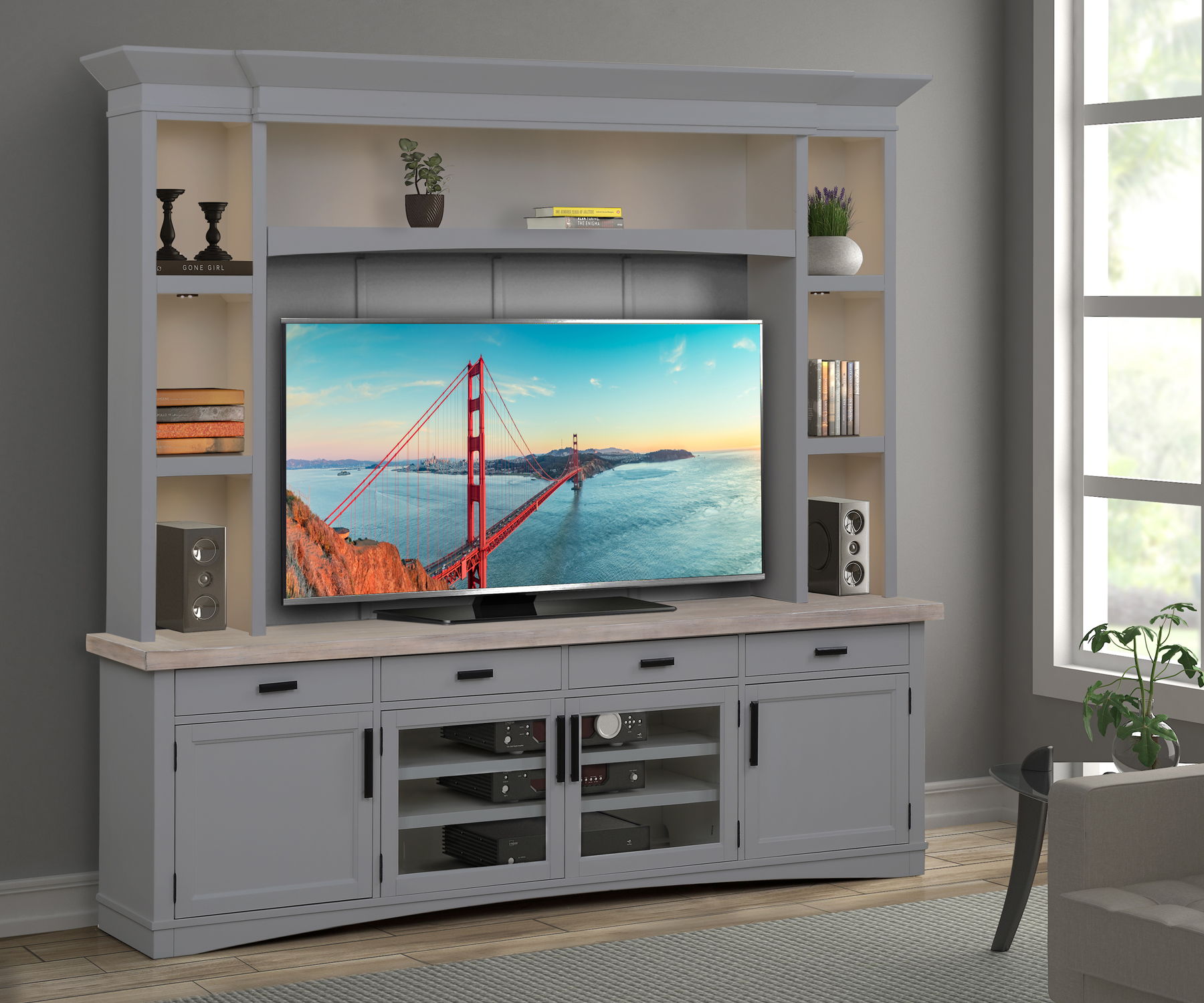 Americana Modern - TV Console with Hutch, Backpanel and LED Lights - Premium Entertainment Centers from Parker House - Just $2372.50! Shop now at brett interiors