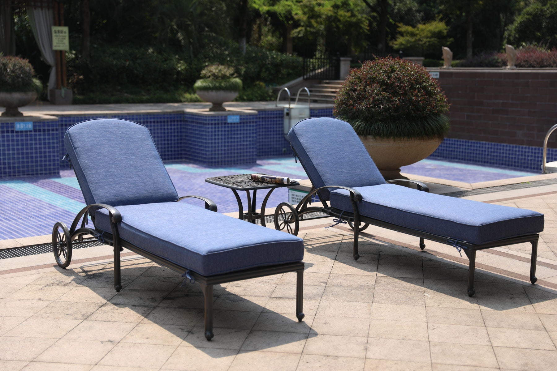 Reclining Chaise Lounge Set With Cushion And Table - Metal - Premium 3 Piece Outdoor Sets from Gather Craft - Just $1737! Shop now at brett interiors