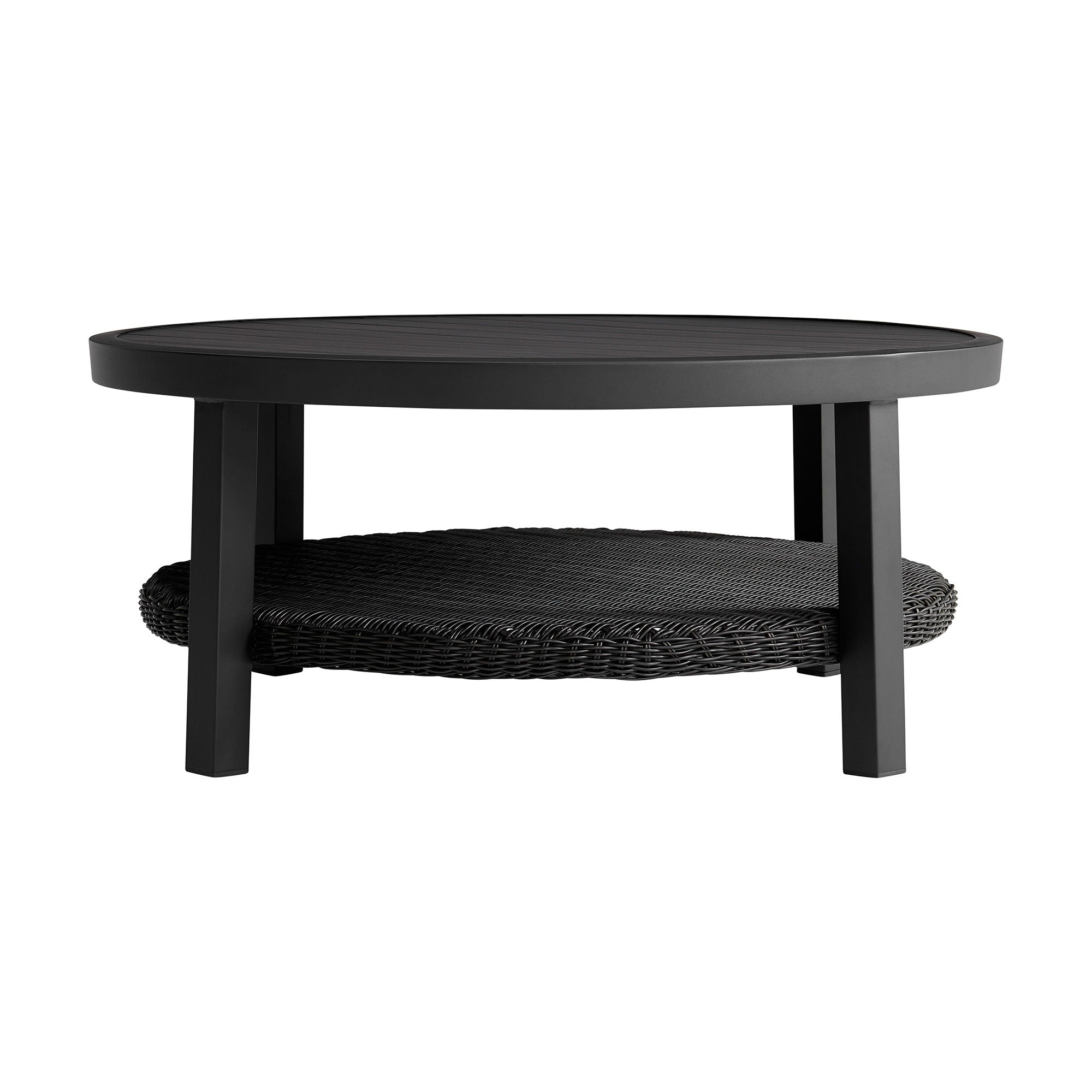 Cayman - Outdoor Round Conversation Table With Wicker Shelf - Black - Premium Dining Tables from Armen Living - Just $985! Shop now at brett interiors