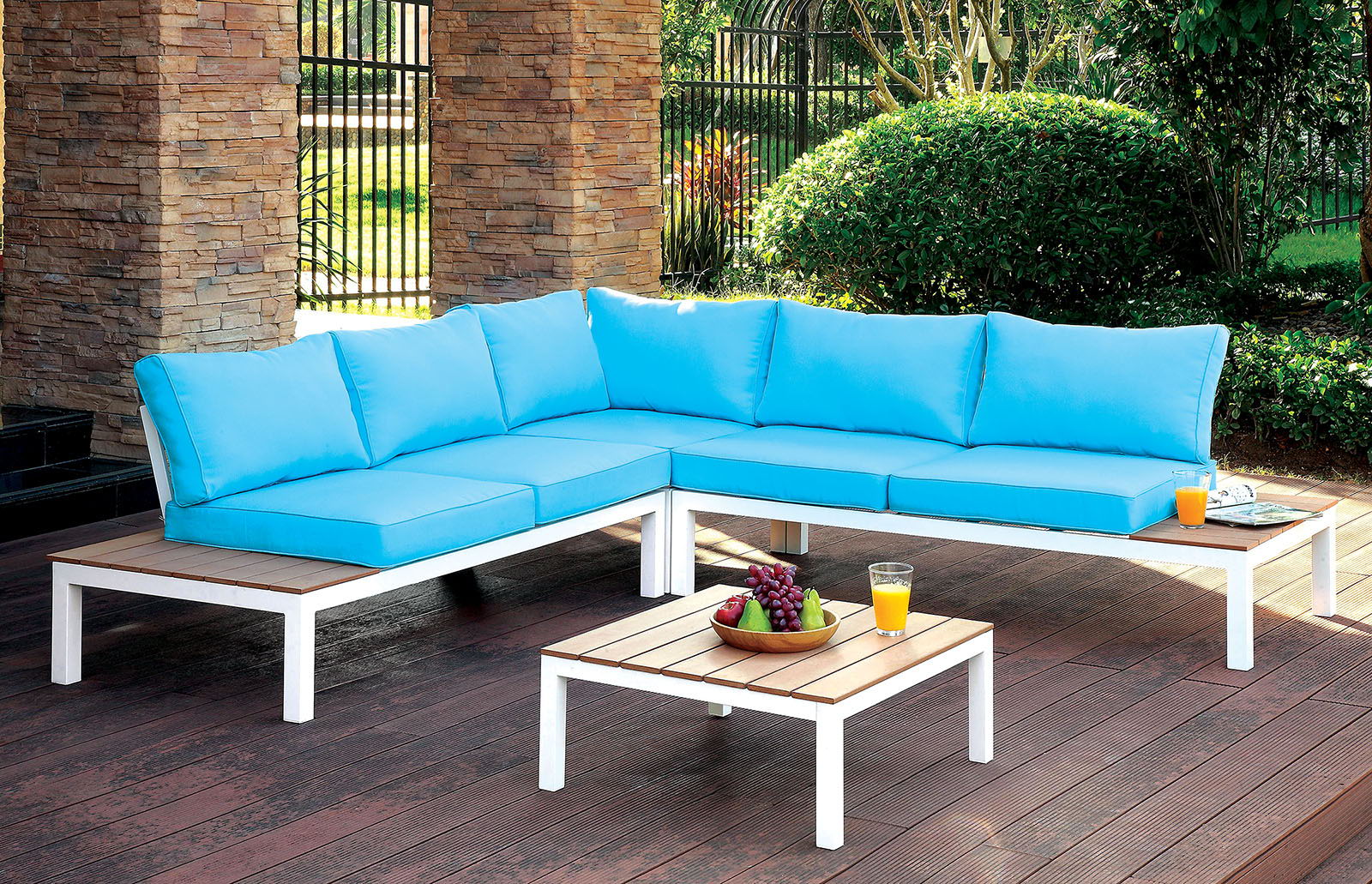 Winona - Patio Sectional With Table - White / Oak / Blue - Premium 2 Piece Outdoor Sets from Furniture of America - Just $1735! Shop now at brett interiors