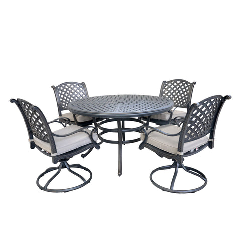 Cast Dessert Night Aluminum 5 Piece Round Dining Set With 4 Swivel Rockers - Sand Dollar Cushions - Premium 5 Piece Outdoor Sets from Gather Craft - Just $2654! Shop now at brett interiors