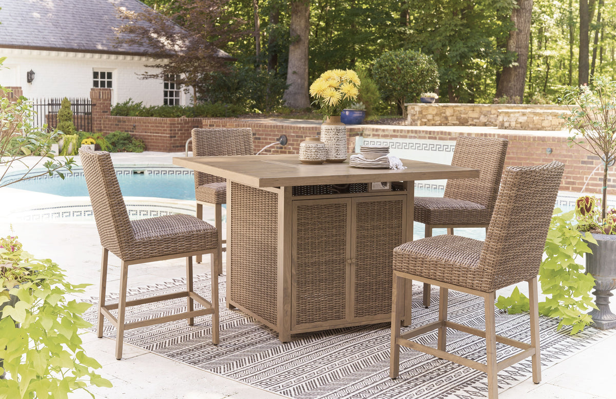 Walton Bridge - Driftwood - 5 Pc. - Square Bar Table W/Fire Pit, 4 Barstools - Premium 5 Piece Outdoor Sets from Signature Design by Ashley® - Just $4007.20! Shop now at brett interiors