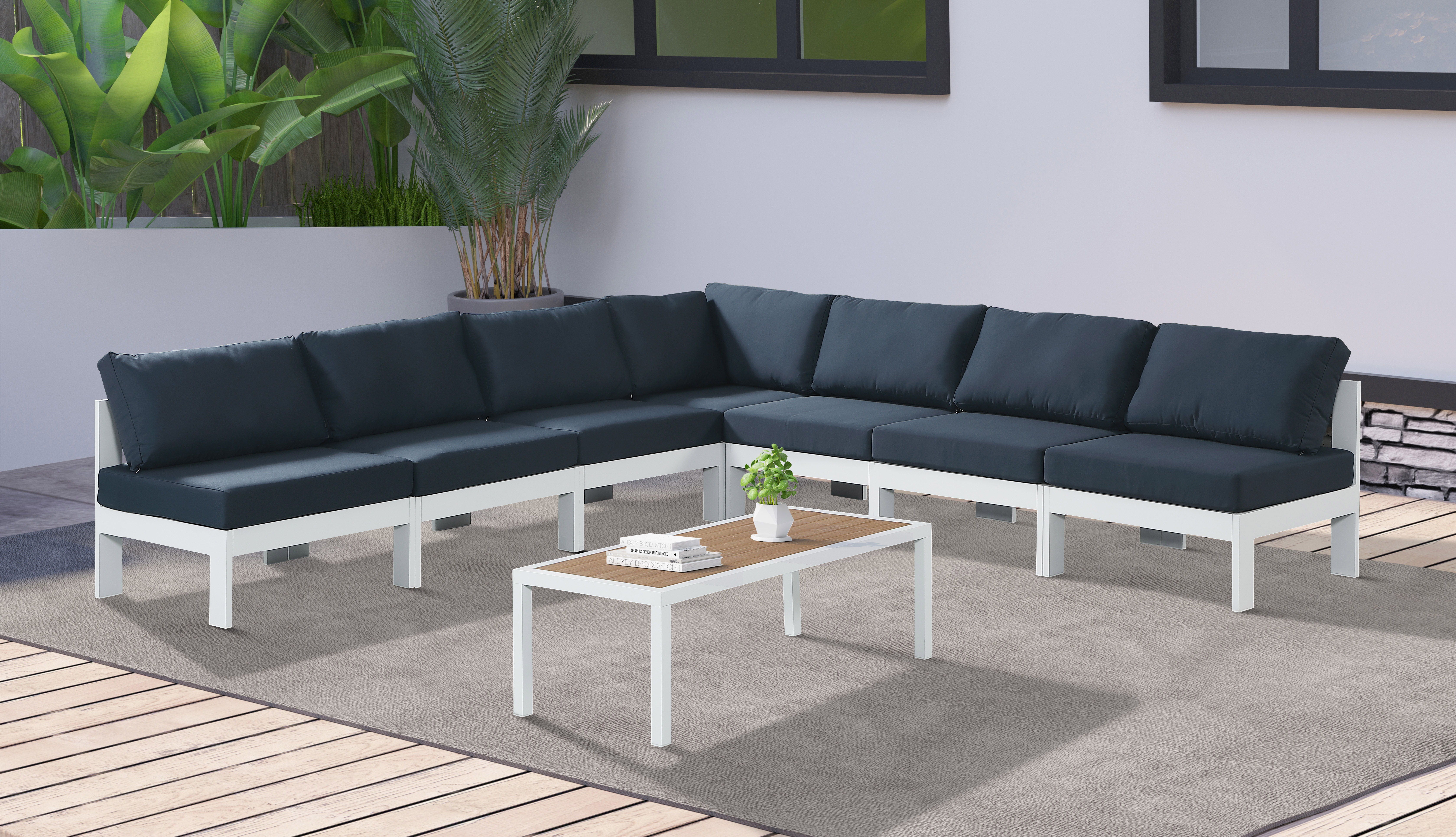 Nizuc - Outdoor Patio Modular Sectional 7 Piece - Navy - Fabric - Premium Stationary Sectionals from Meridian Furniture - Just $6137.50! Shop now at brett interiors