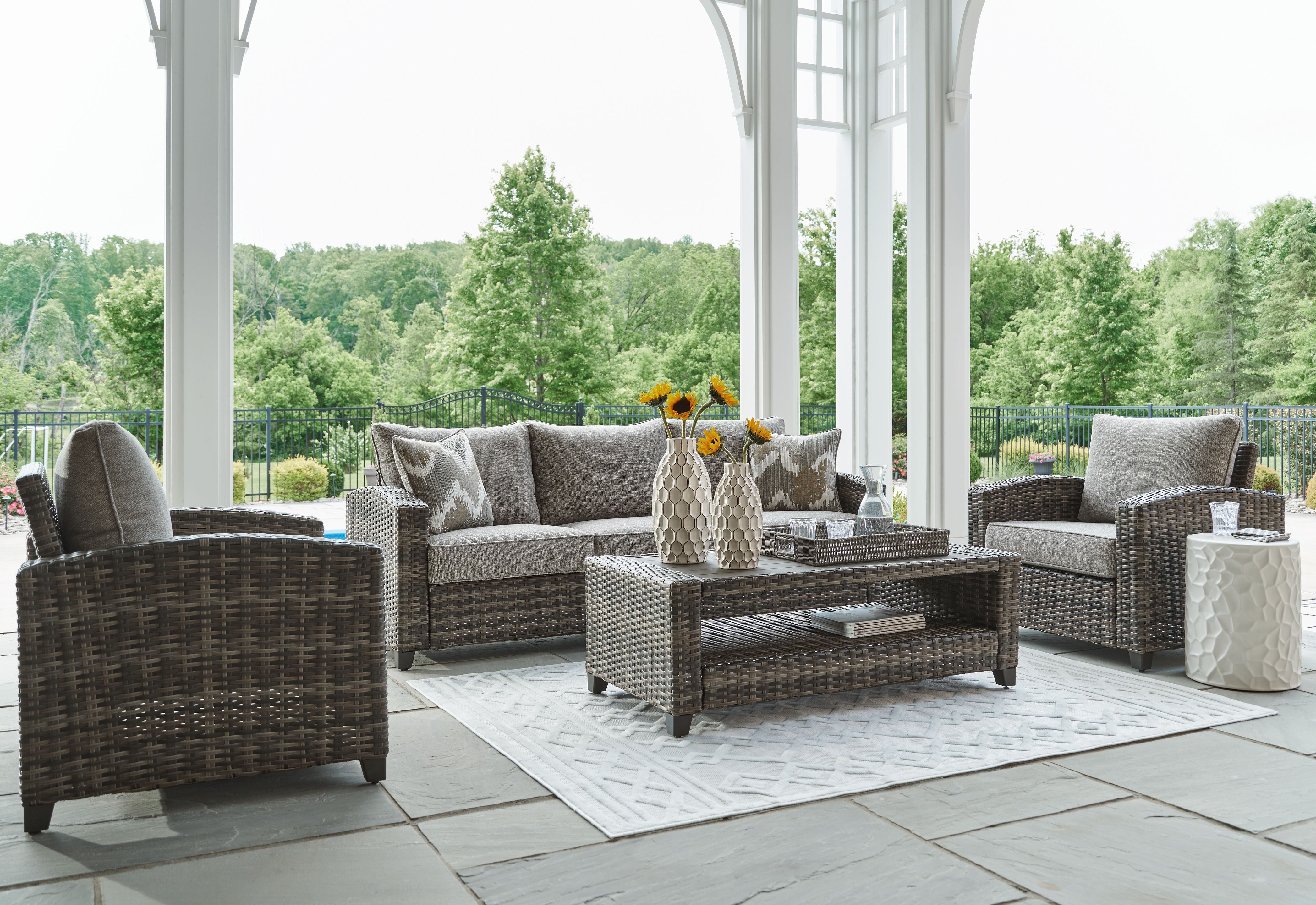 Oasis Court - Gray - Sofa, Chairs, Table Set (Set of 4) - Premium 4 Piece Outdoor Sets from Signature Design by Ashley® - Just $2141.88! Shop now at brett interiors