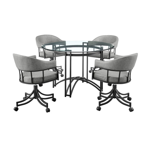 Tibet - 5 Piece Dining Set, Round Glass Tabletop And Rolling Chairs - Vintage Gray / Black - Premium 5 Piece Dining Room Sets from Armen Living - Just $2337.50! Shop now at brett interiors