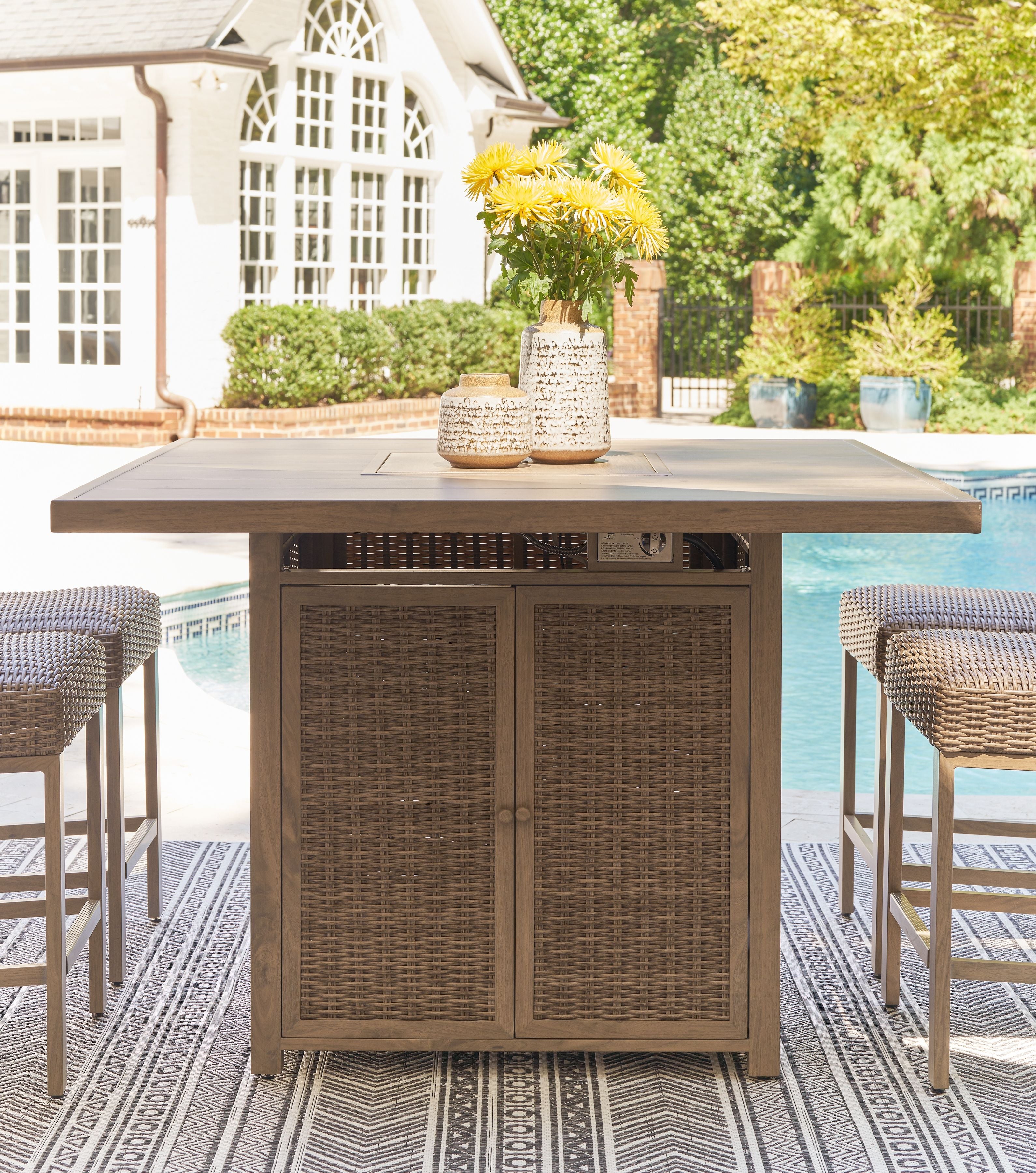 Walton Bridge - Driftwood - 5 Pc. - Square Bar Table W/Fire Pit, 4 Barstools - Premium 5 Piece Outdoor Sets from Signature Design by Ashley® - Just $4007.20! Shop now at brett interiors