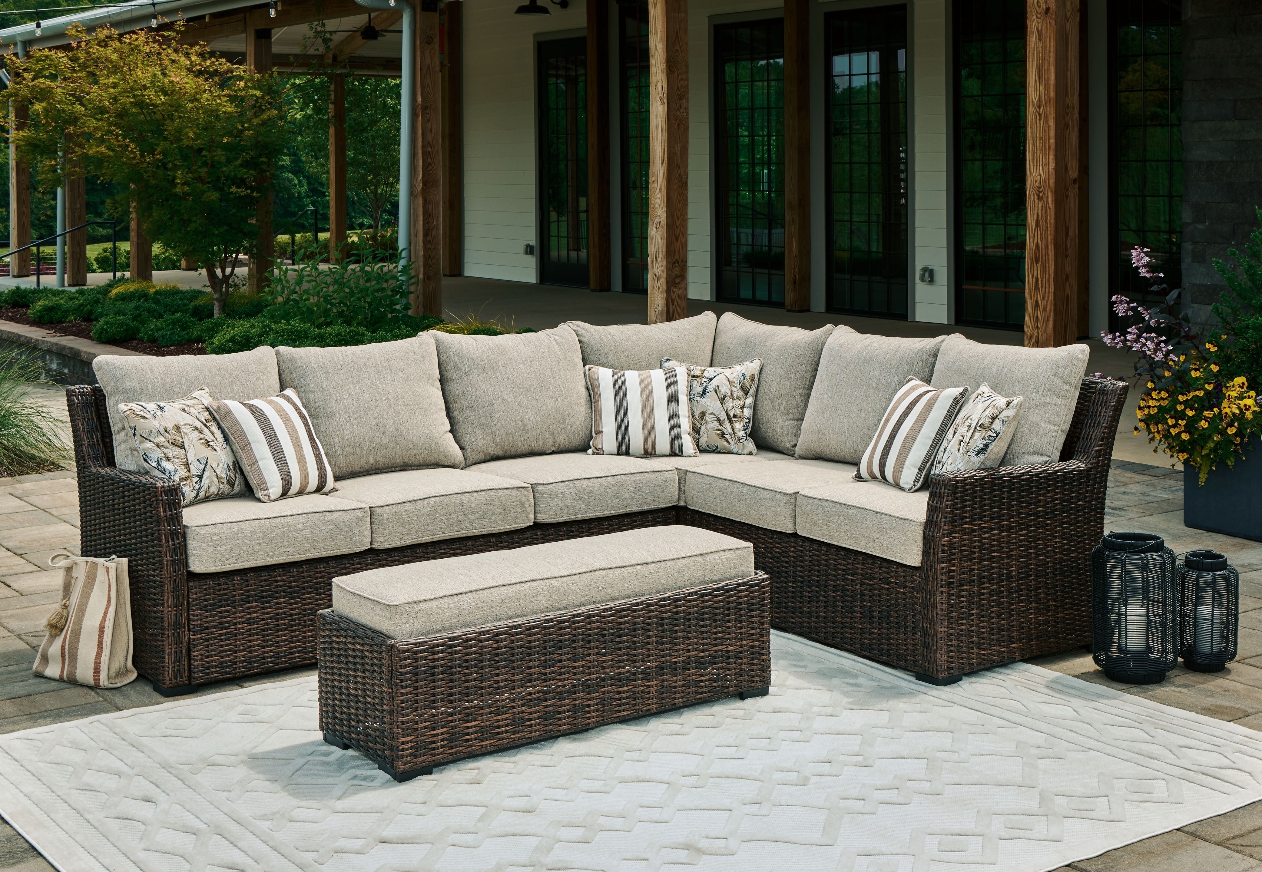 Brook Ranch - Brown - Sofa Sectional, Bench With Cushion (Set of 3) - Premium 3 Piece Outdoor Sets from Signature Design by Ashley® - Just $2652.50! Shop now at brett interiors