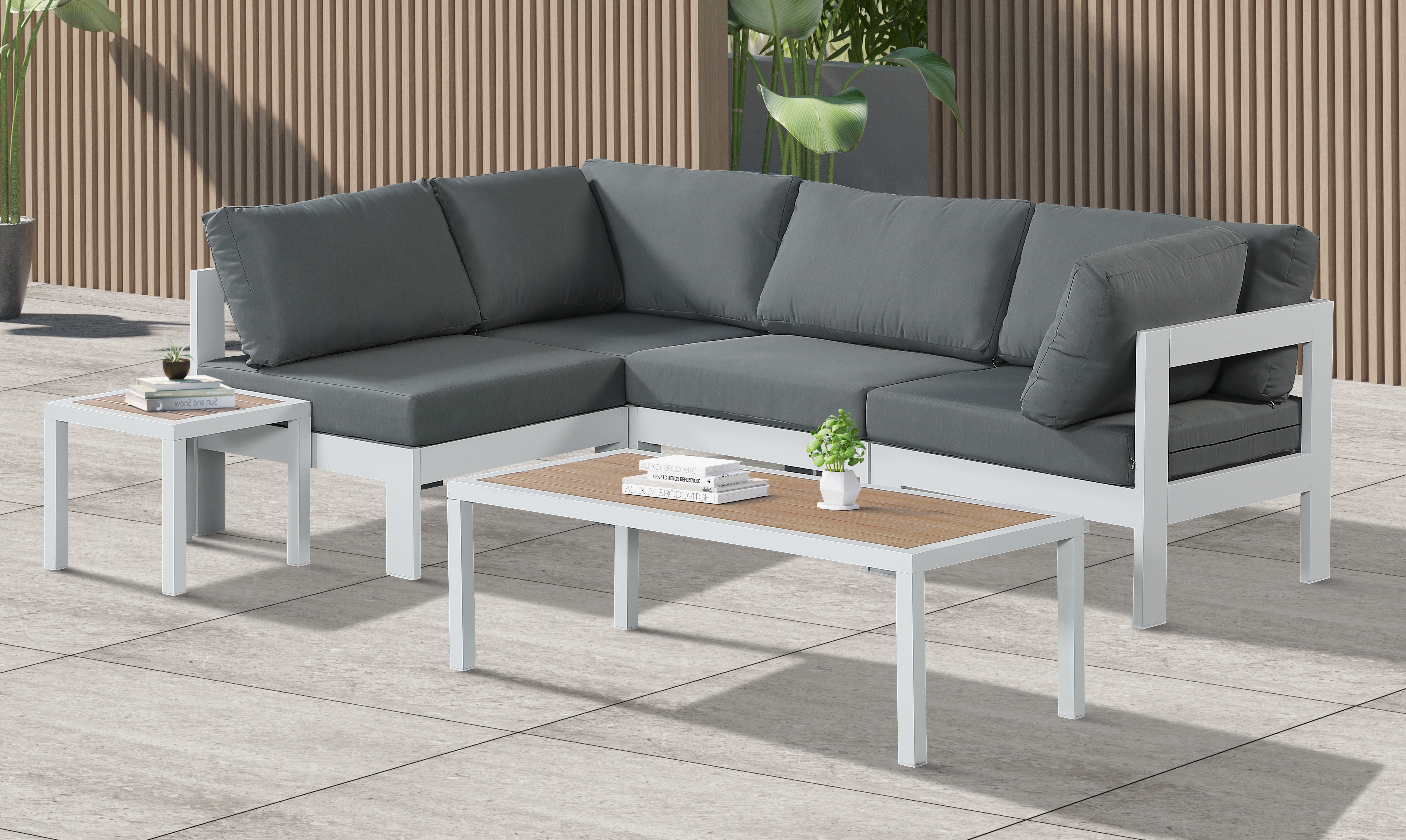 Nizuc - Outdoor Patio Modular Sectional 4 Piece - Grey - Fabric - Premium Stationary Sectionals from Meridian Furniture - Just $3650! Shop now at brett interiors