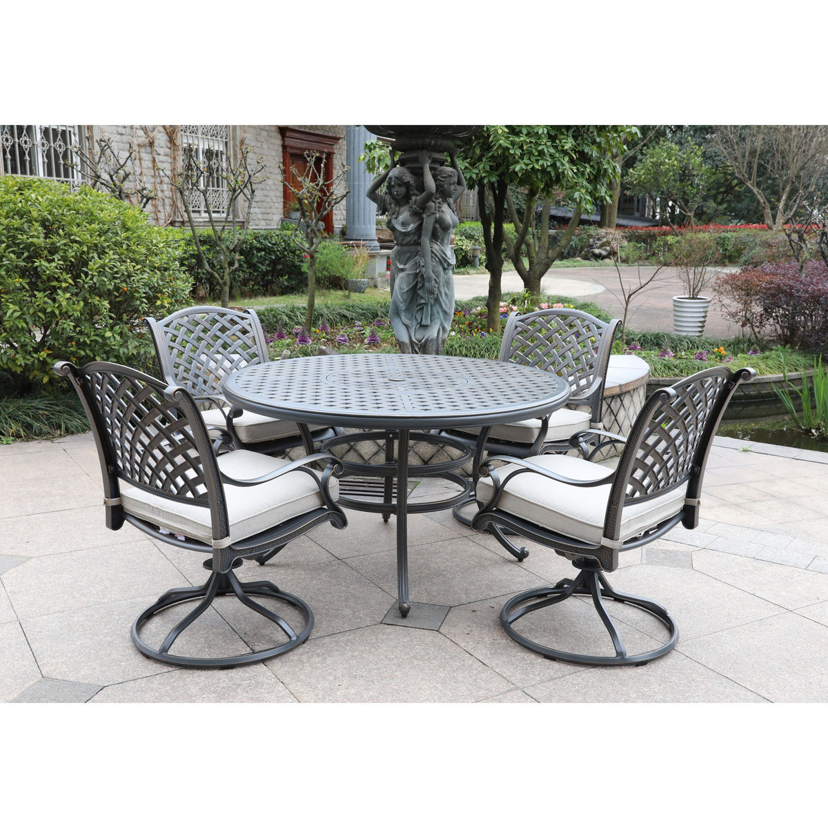 Cast Dessert Night Aluminum 5 Piece Round Dining Set With 4 Swivel Rockers - Sand Dollar Cushions - Premium 5 Piece Outdoor Sets from Gather Craft - Just $2654! Shop now at brett interiors