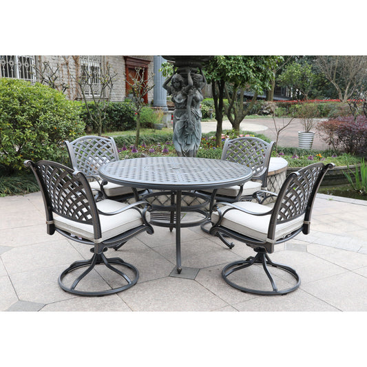 Cast Dessert Night Aluminum 5 Piece Round Dining Set With 4 Swivel Rockers - Sand Dollar Cushions - Premium 5 Piece Outdoor Sets from Gather Craft - Just $2654! Shop now at brett interiors