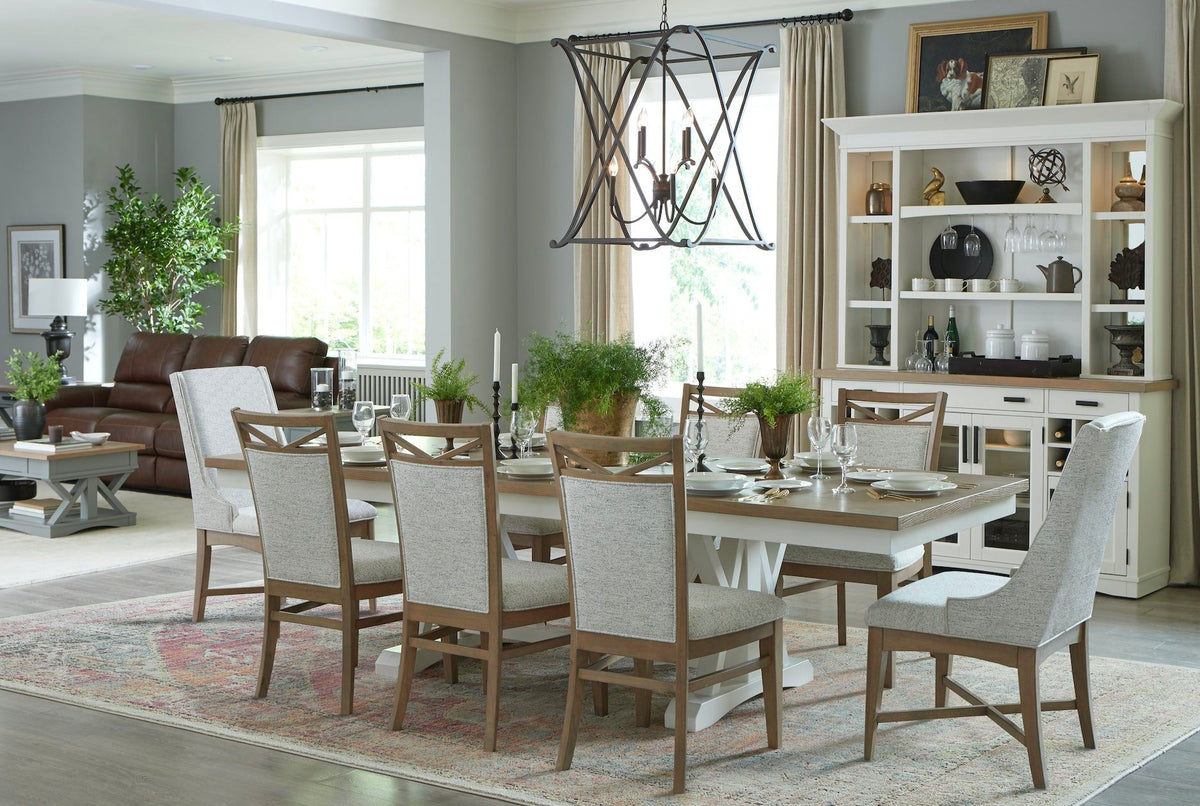 Americana Modern Dining - Extendable Trestle Table With 8 Upholstered Chairs - Light Brown - Premium 8 + Piece Dining Room Sets from Parker House - Just $2522.50! Shop now at brett interiors