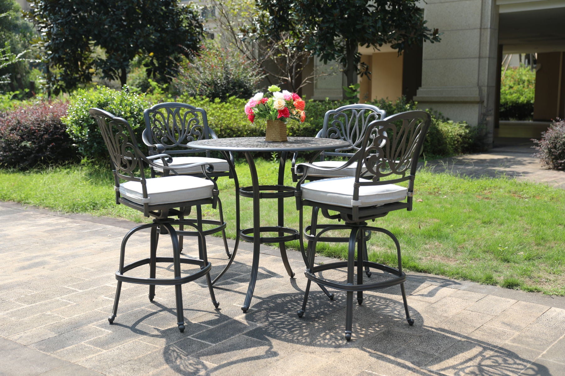 Round 41.97" Long Bar Height Dining Set With Cushions - Premium 5 Piece Outdoor Sets from Gather Craft - Just $863! Shop now at brett interiors