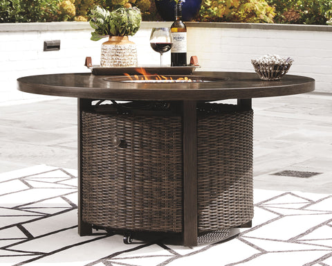 Paradise - Medium Brown - Round Fire Pit Table - Premium Fire Pits from Ashley Furniture - Just $1775.50! Shop now at brett interiors