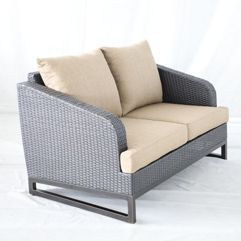 Comal - Outdoor Furniture, Wicker Loveseat With Cushions - Beige / Chocolate - Premium Loveseats from Gather Craft - Just $1461! Shop now at brett interiors