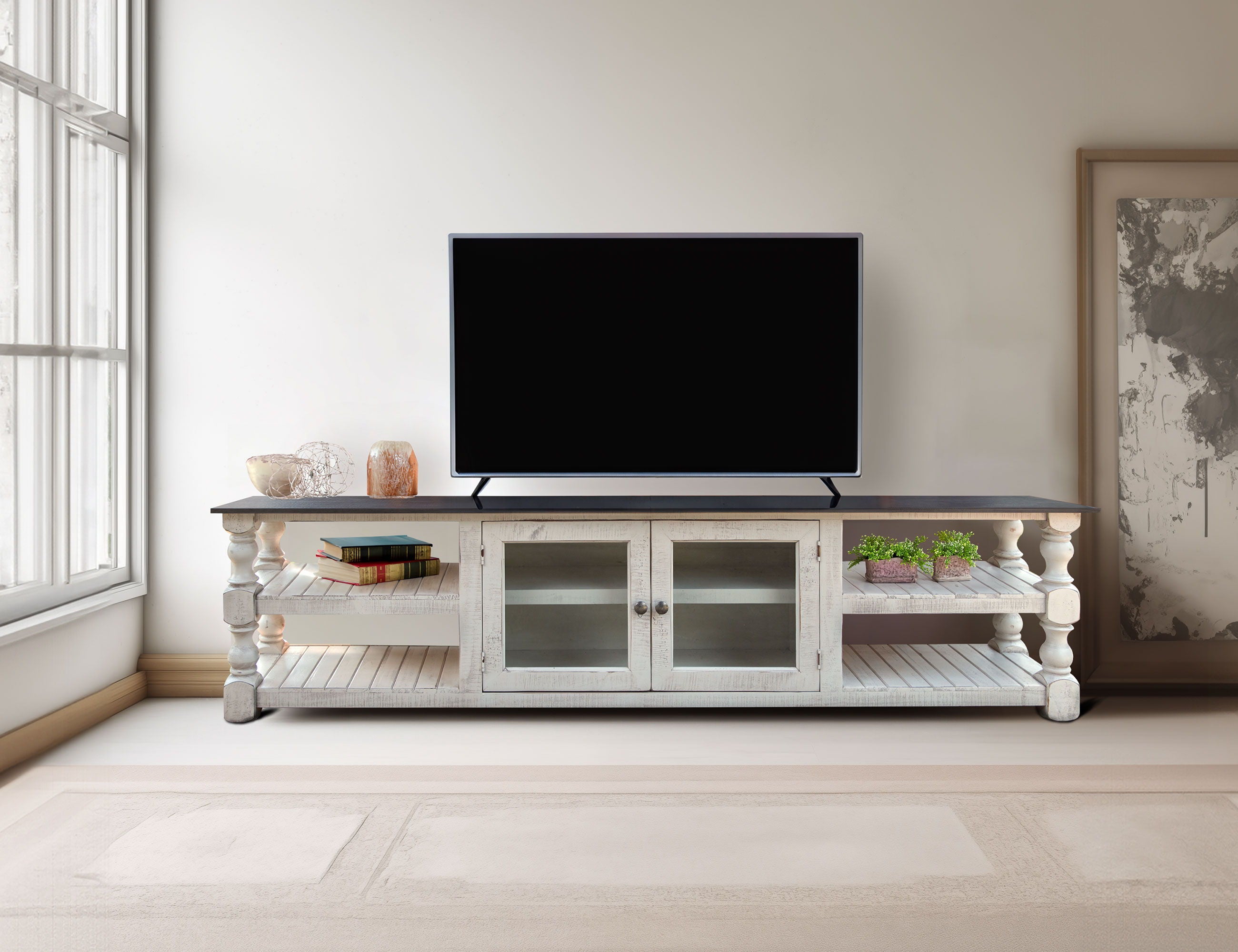 Stone - 93" TV Stand - Antiqued Ivory / Weathered Gray - Premium TV Stands from International Furniture Direct - Just $1150! Shop now at brett interiors