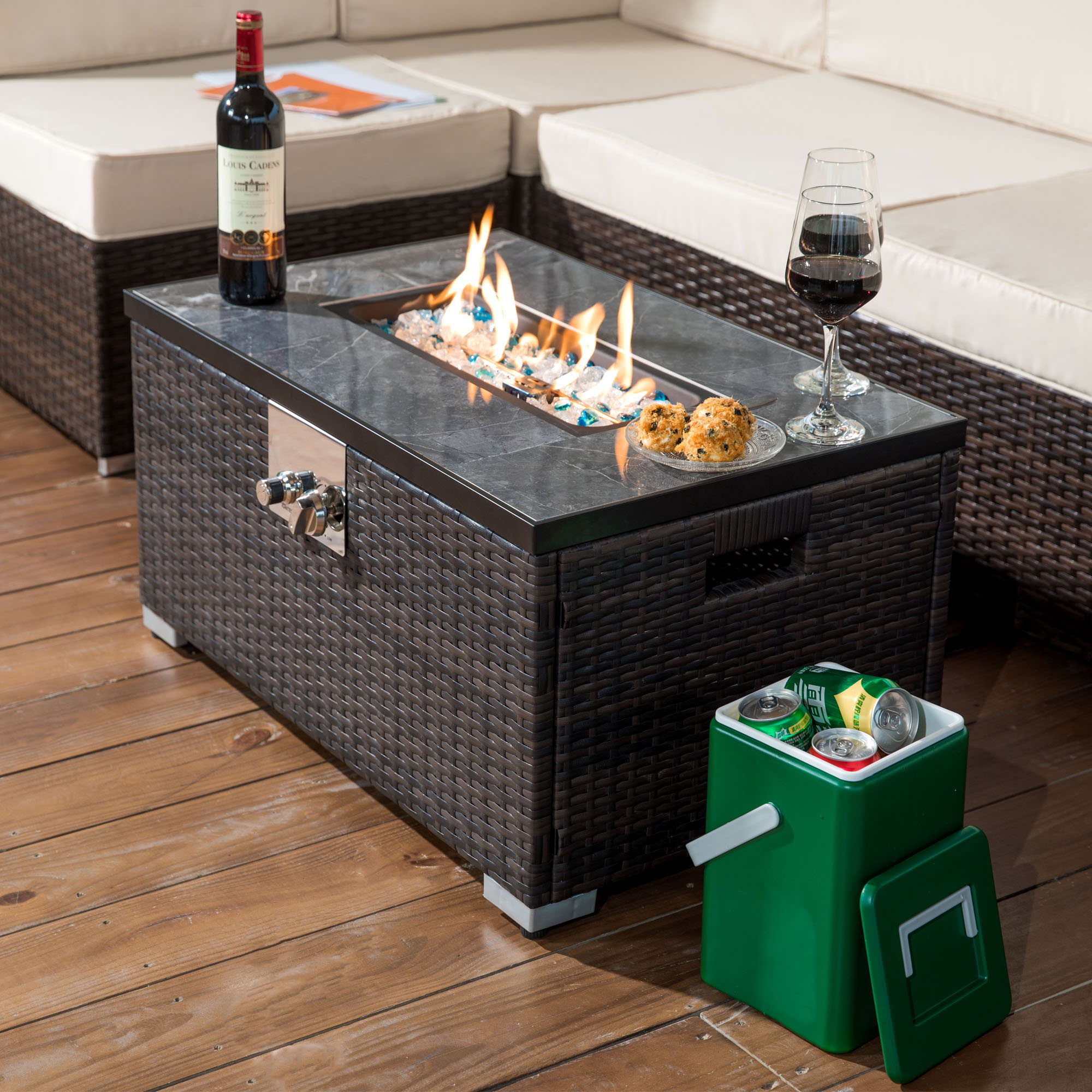 Outdoor Fire Table Propane Fire Pit Rattan Gas Fire Table, Gas Fire Table With Tile Tabletop - Brown - Premium Fire Pits from AS Outdoor Heating - Just $382! Shop now at brett interiors