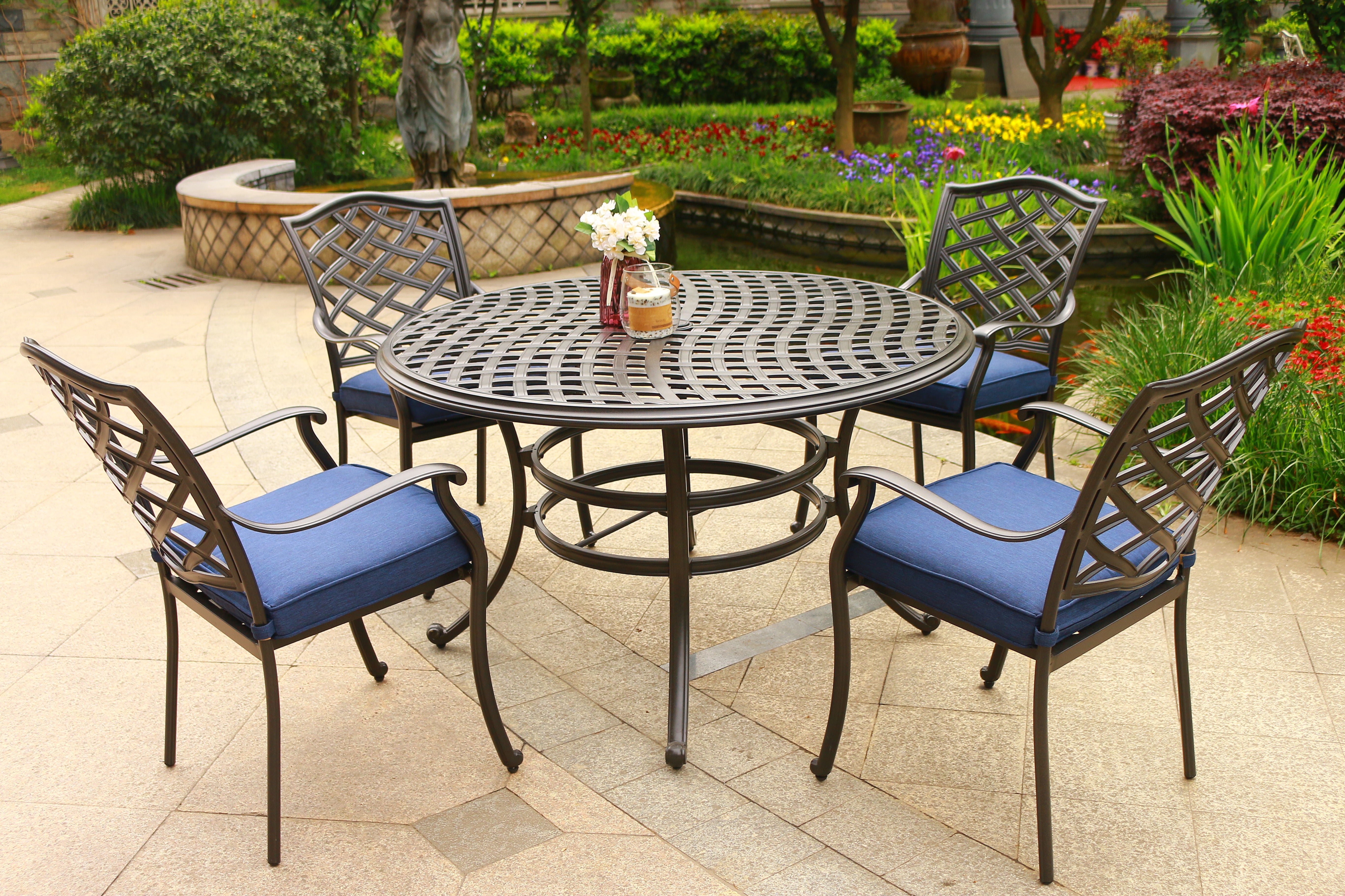 Round 49" Long Aluminum Dining Set With Cushions - Premium 5 Piece Outdoor Sets from Gather Craft - Just $1820! Shop now at brett interiors