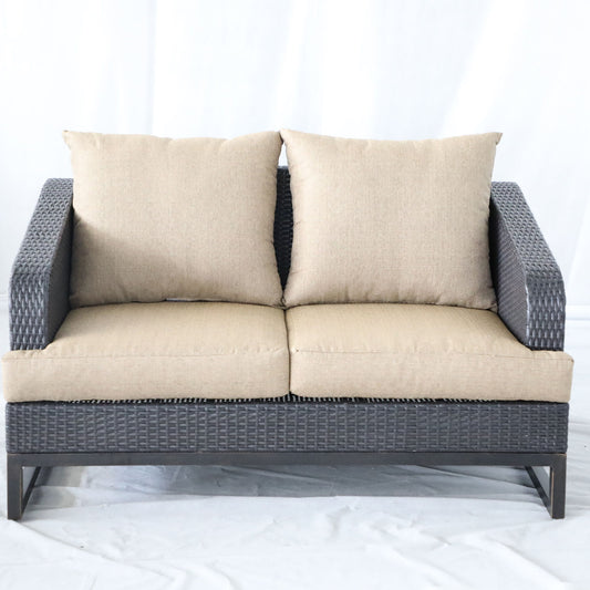 Comal - Outdoor Furniture, Wicker Loveseat With Cushions - Beige / Chocolate - Premium Loveseats from Gather Craft - Just $1461! Shop now at brett interiors