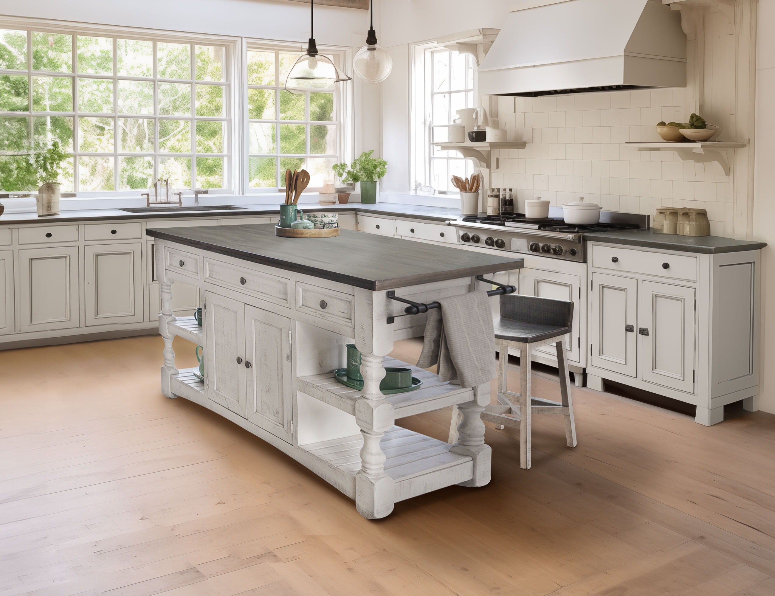 Stone - Kitchen Island With 3 Drawer / 2 Doors / 4 Shelves And Casters - Antiqued Ivory / Weathered Gray - Premium Islands & Carts from International Furniture Direct - Just $1492.50! Shop now at brett interiors