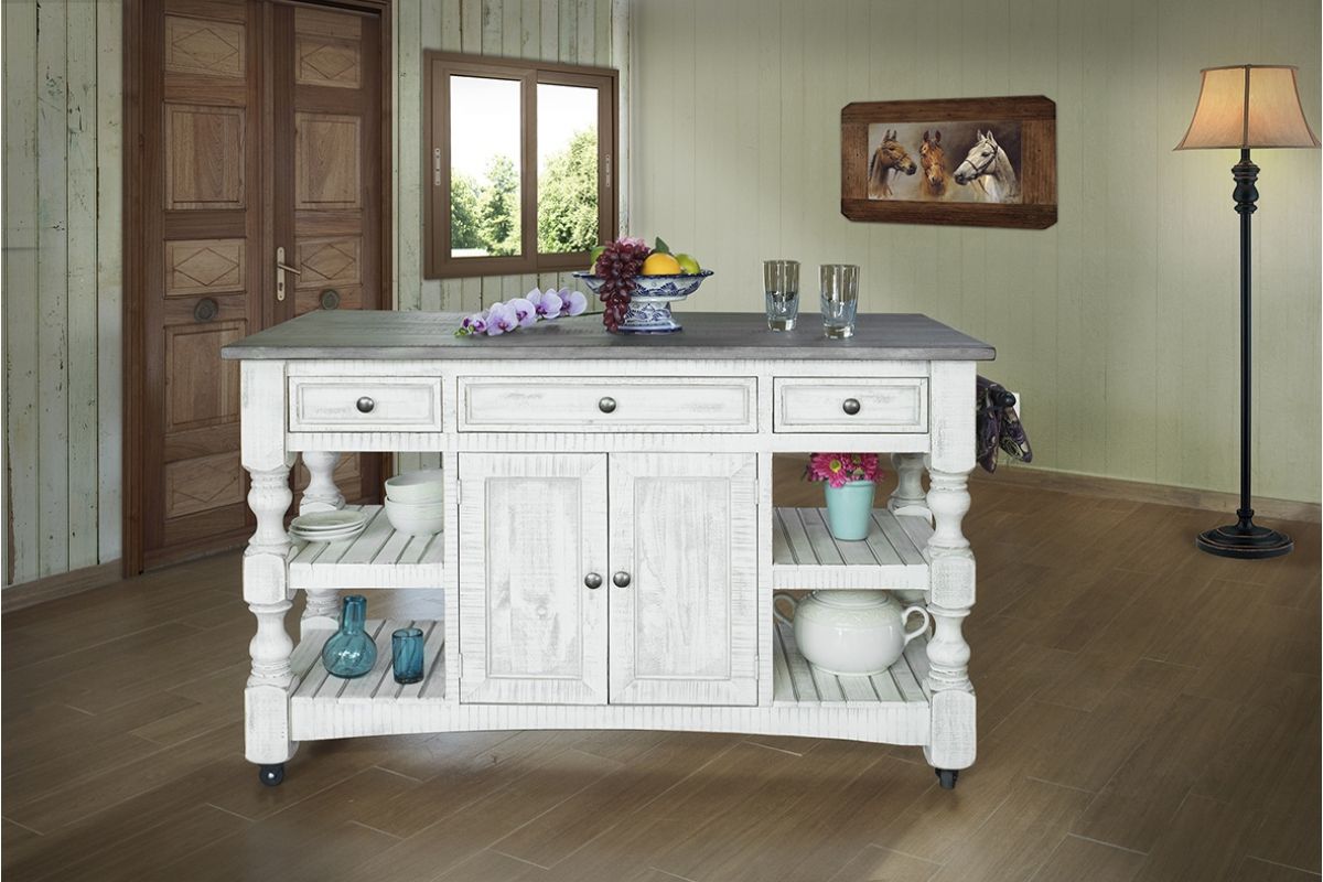 Stone - Kitchen Island With 3 Drawer / 2 Doors / 4 Shelves And Casters - Antiqued Ivory / Weathered Gray - Premium Islands & Carts from International Furniture Direct - Just $1492.50! Shop now at brett interiors