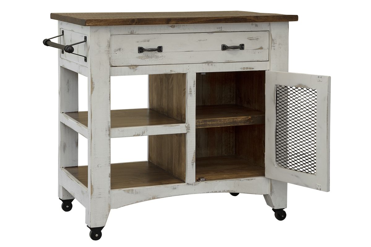 Pueblo White - Kitchen Island With 1 Drawer / 1 Mesh Door - Antiqued White / Brown - Premium Islands & Carts from International Furniture Direct - Just $965! Shop now at brett interiors