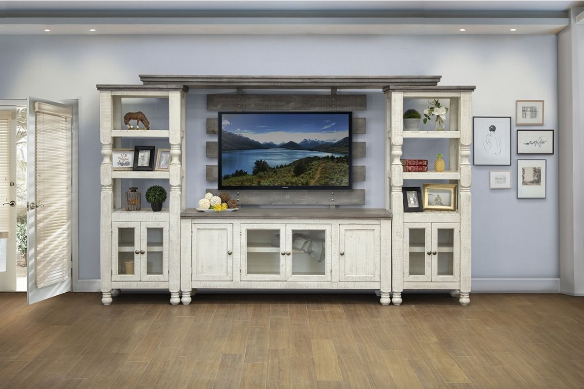 Stone - TV Stand / Wall Unit - Antiqued Ivory / Weathered Gray - Premium TV Stand Parts from International Furniture Direct - Just $1120! Shop now at brett interiors