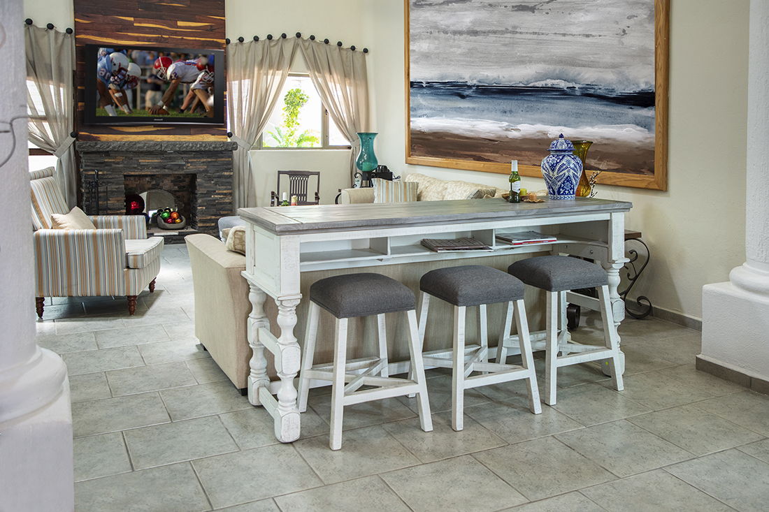 Stone - Stool With Fabric Seat - Antiqued Ivory / Weathered Gray - Premium Counter Height (24"-27") from International Furniture Direct - Just $250! Shop now at brett interiors