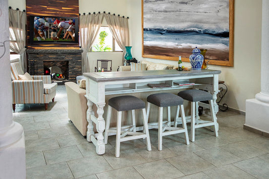 Stone - Stool With Fabric Seat - Antiqued Ivory / Weathered Gray - Premium Counter Height (24"-27") from International Furniture Direct - Just $250! Shop now at brett interiors